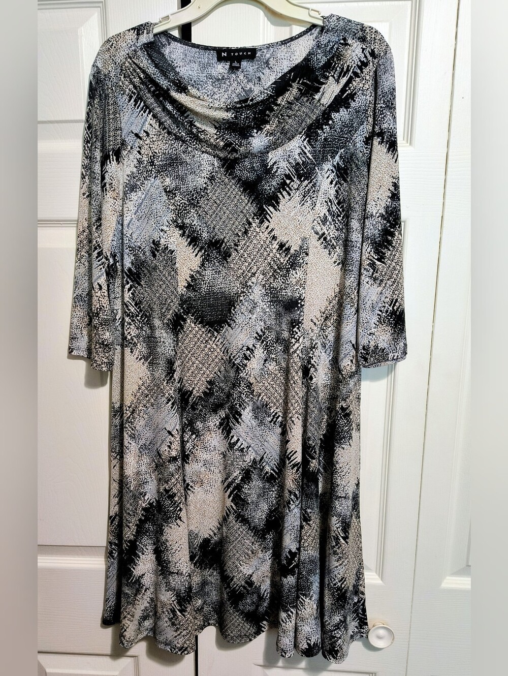 N Touch Women's Black & Cream Patterned Cowl Neck Dress